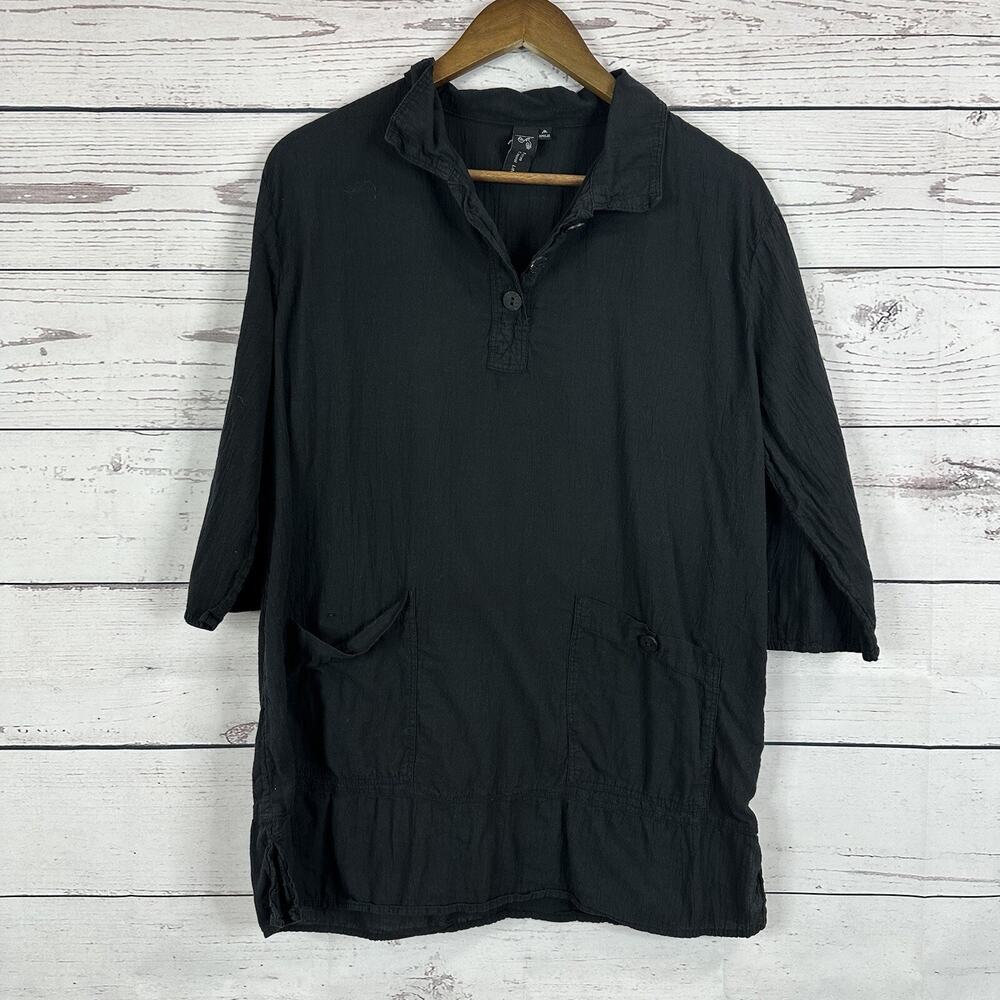 Focus‎ Casual Life Shirt Top Womens Medium Black Gauze Minimalist Pockets Boxy